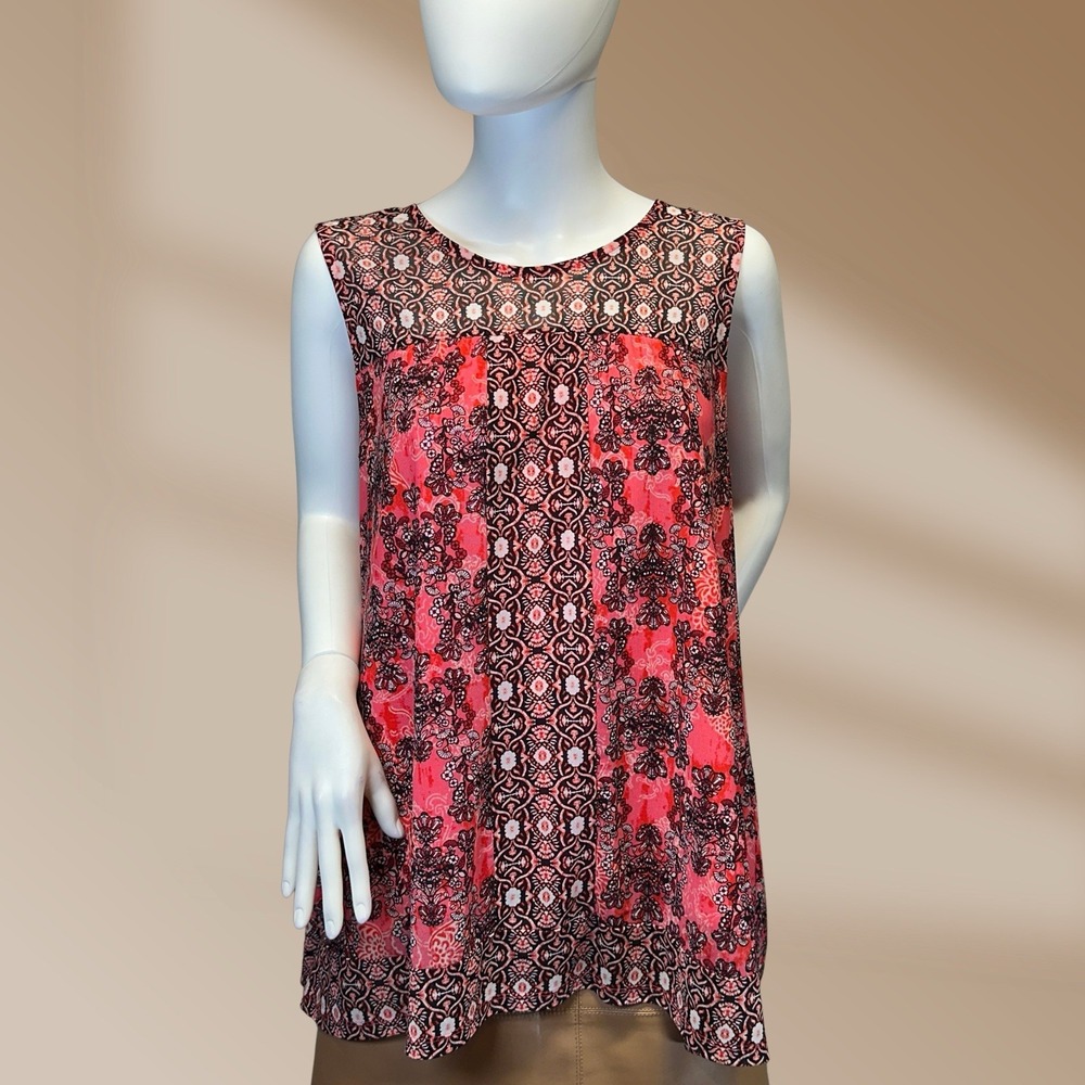 C established 1946 Women's Pink & Black Flowy Long Sleeveless Top/Tunic Sz Large